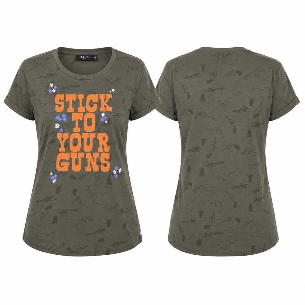 NEW Cruel Denim Women’s L Stick To Your Guns Graphic T-Shirt Olive Western